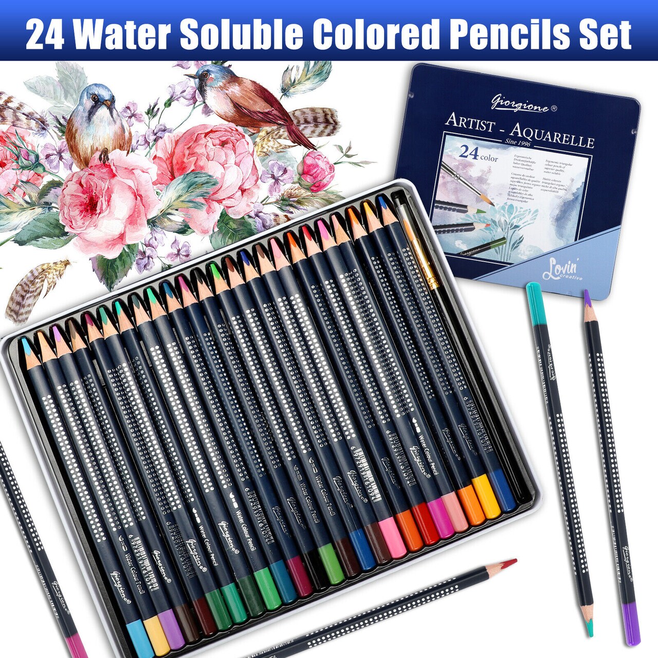 24 Color Premium Colouring Pencil Water Soluble Sketching Graphite Art Supplies